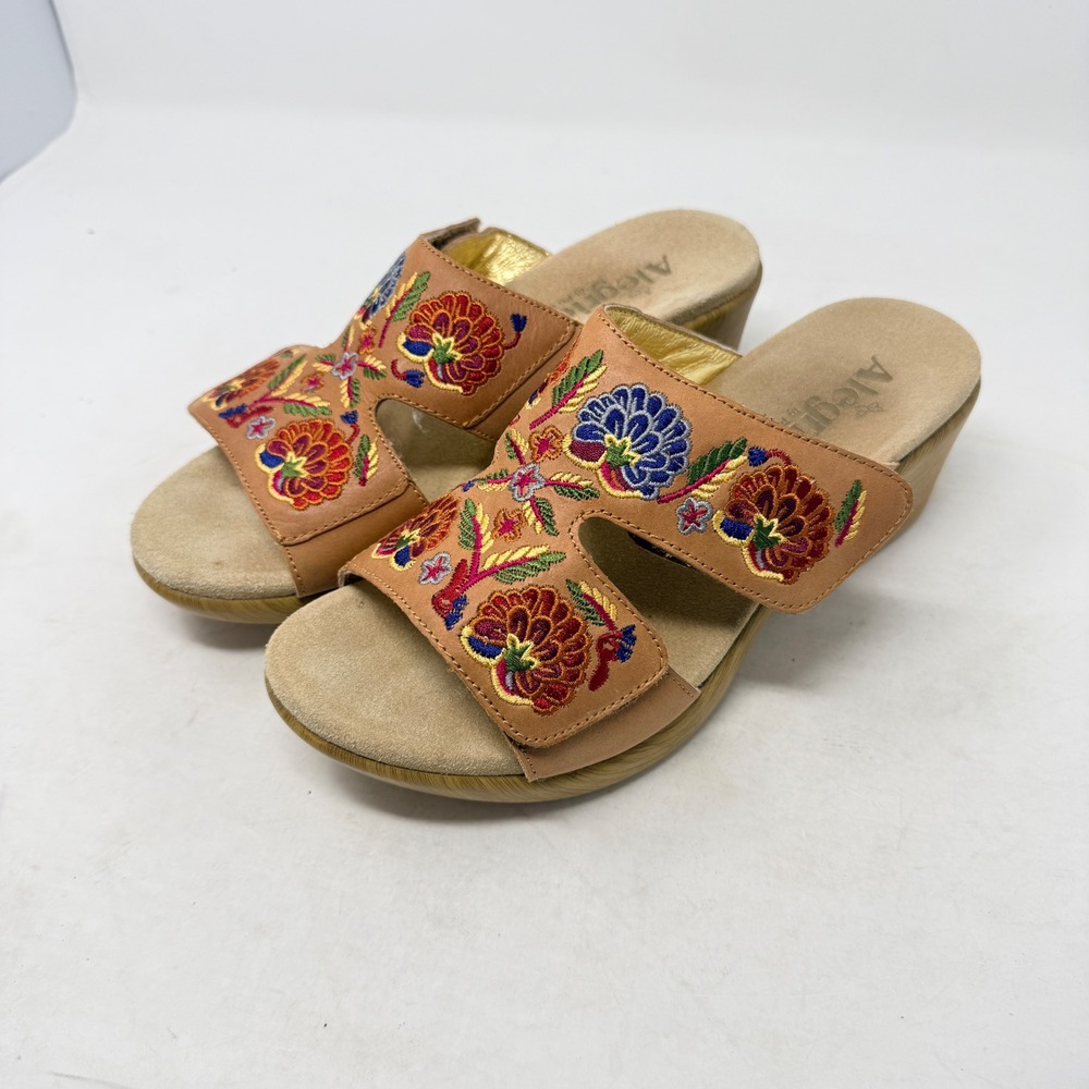 Alegria Embroidered Wedge Sandals Tan 39 Boho Floral Leather‎ Slide Comfort